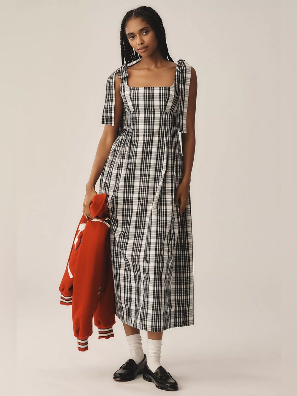 NWT Anthropologie Maeve Square-Neck Tie-Strap Plaid Midi Dress